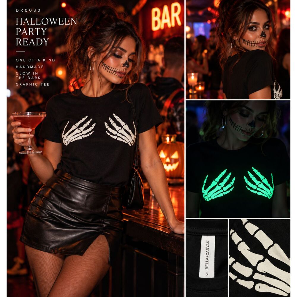 Glow in the Dark Skeleton Hands Black Graphic T-Shirt Size S DIY Halloween